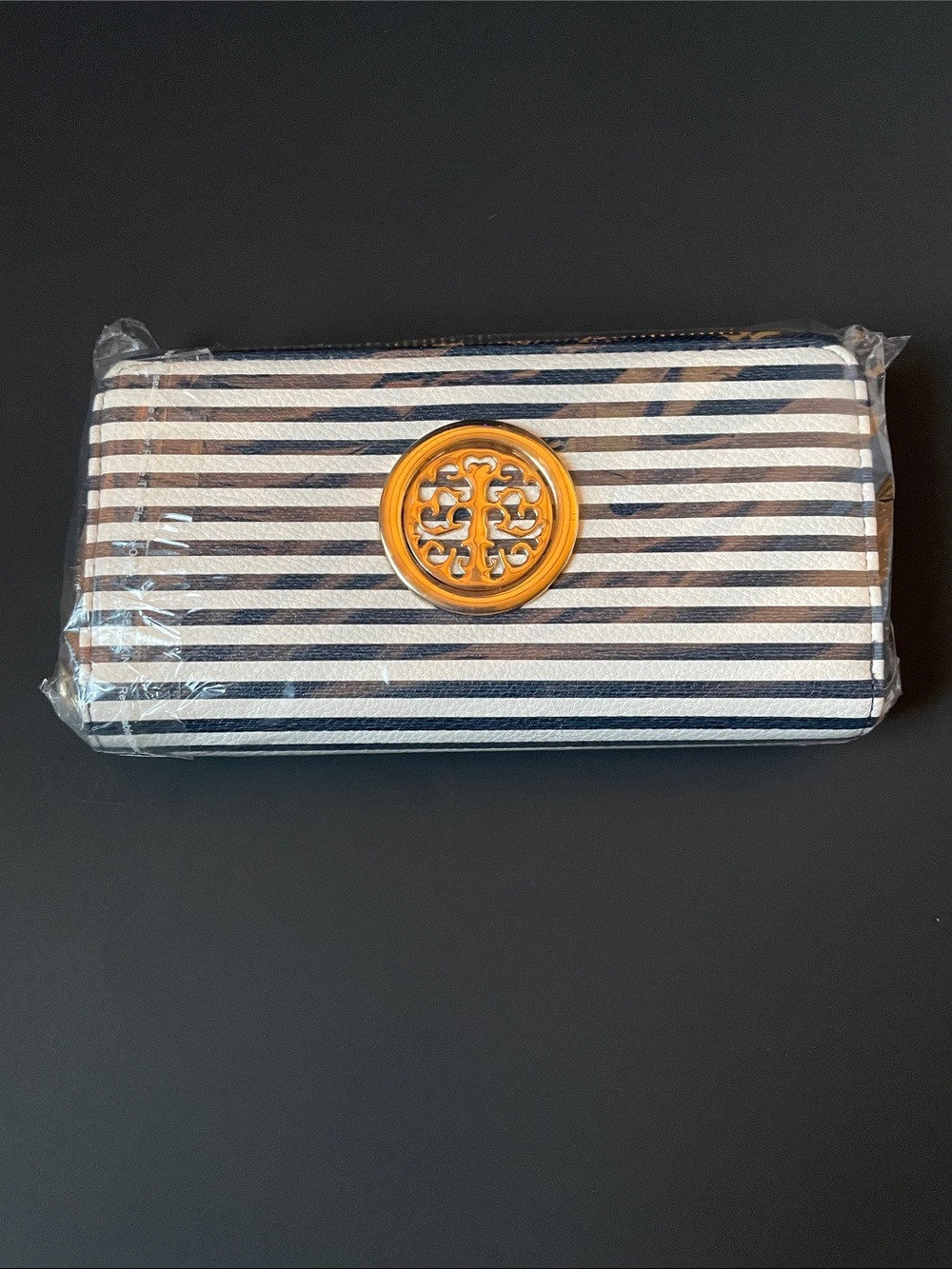 NIB Striped Navy & White Continental Wallet with Gold Emblem